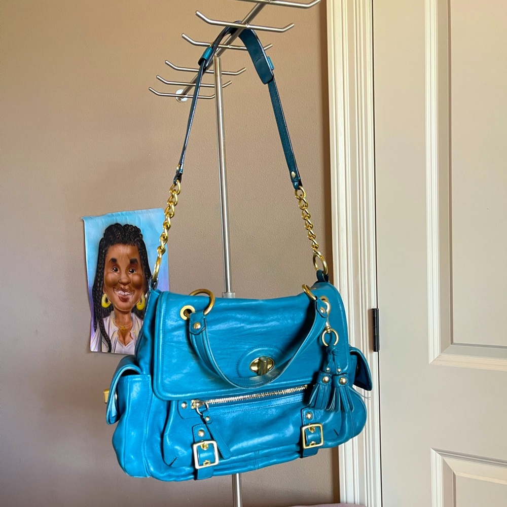 Leather Flap Satchel in Teal + Gold Wallet - Coach - Purse
